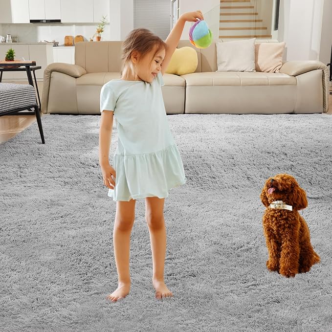 Ultra Soft Rug for Living Room, 5X8 Fluffy Shag Area Rug for Bedroom, Modern Shaggy Carpet Fuzzy Rug for Teens Dorm Nursery Home Decor Aesthetic, Upgrade Anti-Skid Durable, Light Grey