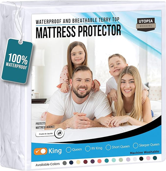 Utopia Bedding Waterproof Mattress Protector King Size, Premium Terry Mattress Cover 200 GSM, Breathable, Fitted Style with Stretchable Pockets (White)