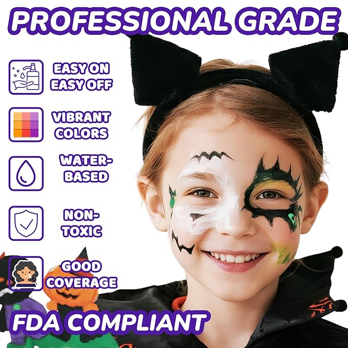 Face Painting Kit for Kids with 24Colors, Rainbow Cakes, Stencils, Gem Stickers, Glitter, Brushes, Temporary Tattoos – Non-Toxic Washable Face Paint for Halloween, Birthday Party, School Events