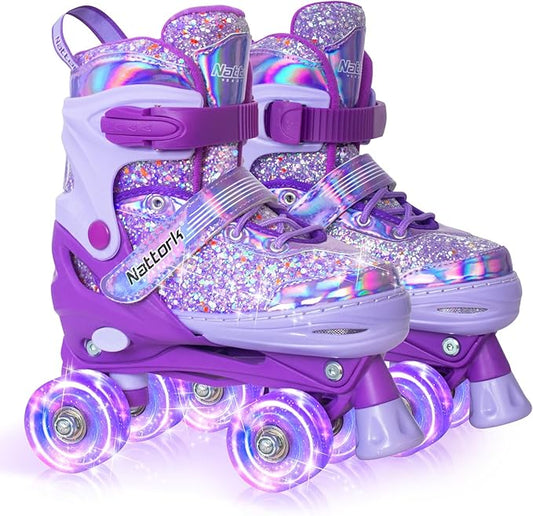 Nattork Kids Roller Skates for Girls Kids, 4 Sizes Adjustable Girls Roller Skates for Ages 3-12 with Light up Wheels & Safety Protection - Cool Birthday Gift for Indoor Outdoor Sports