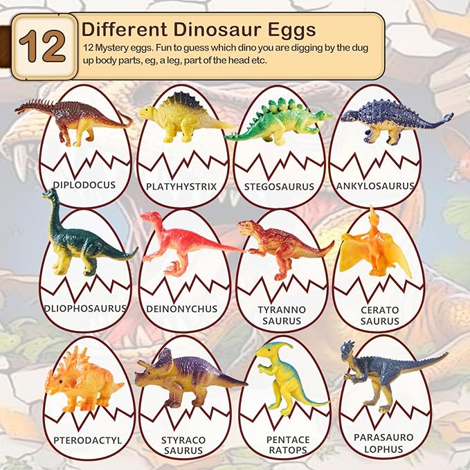 Dino Fossil Eggs Dinosaur Toys - 12 Dinosaur Eggs Dig Excavation Kit w Play Mat for Kids Ages 5-7 Easter Basket Essentials STEM Toy Christmas Birthday Gift for Boys Girls 3 4 5 6 7 8 + 8-13 Years Old