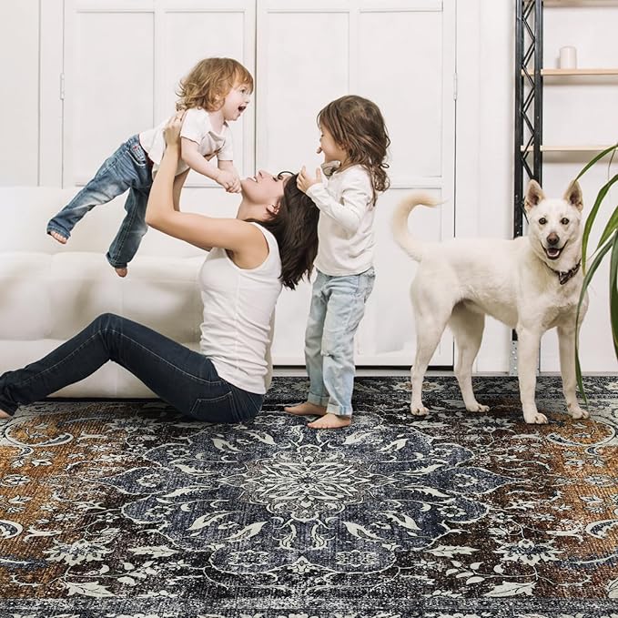 Washable 6x9 Area Rug for Living Room, Carpet for Bedroom Dining Room, Non Slip&Non-Shedding Resistant Low Pile Vintage Print Rug for Home Office (Tan/Gray)