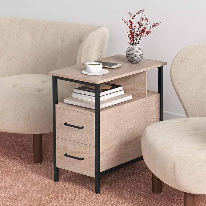 Side Tables with Charging Station, Narrow End Table with 2 Wooden Drawers, USB Ports and Power Outlets, Narrow Nightstand and Bedside Table, Side Tables Living Room, Bedroom, Greige