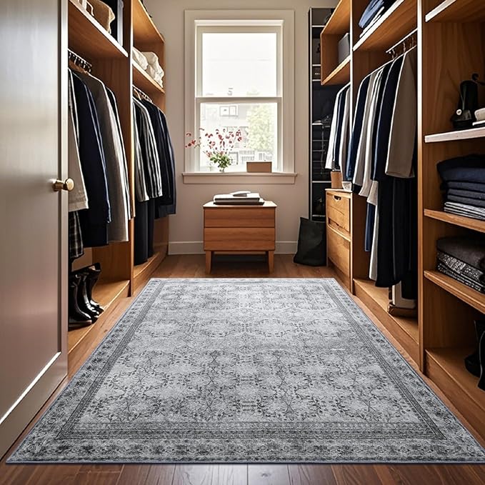 5x7 Washable Area Rug for Living Room Faded Grey, Non Slip Vintage Floral Bedroom Rugs Retro, Traditional Indoor Floor Carpet for Dining Room, Kitchen, Farmhouse, Office Classroom