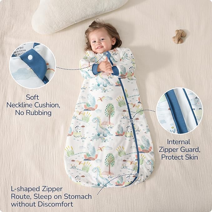 Baby Sleep Sack 3-6 Months, Cotton Detachable Long Sleeve Sleep Sack, 2.5 Tog Toddler Sleeping Sack with Temperature Strips, 2-Way Zipper Wearable Blankets for Newborns, Dinosaur