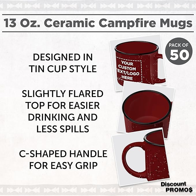 DISCOUNT PROMOS Custom Ceramic Campfire Coffee Mugs 13 oz. Set of 50, Personalized Bulk Pack - Perfect for Tea, Espresso, Cappuccino, Hot Cocoa - Maroon