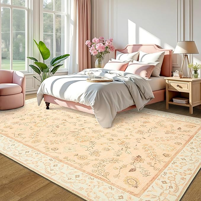 LOCHAS Washable Area Rugs 4x6, Peach Floral Rug for Living Room Bedroom Non Slip, Ultra Soft Vintage Indoor Carpet for Kids, Nursery, Dorm, Dining Room, Classroom, Boho Flower Home Decor, Low-Pile