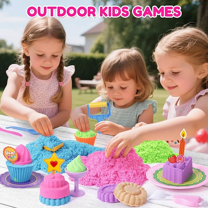 Cake & Ice Cream Sensory Bin Sand Toy, Sand Kit Sensory Toys w/lid and 4 Color Magic Sand 2.2lbs, Molds, Tools Set 43pcs Total for Toddlers, Fun Gift for Kids 3+