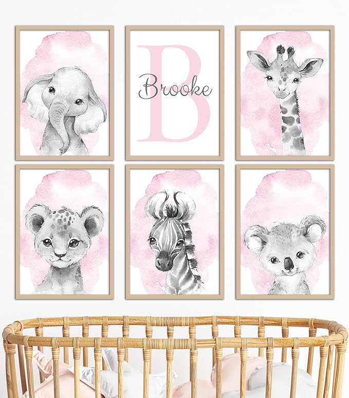 Safari Animals Set of 6 Unframed Poster Prints for Baby Girls Nursery Bedroom Playroom, Personalized Name, Choice of 12 Animals, Pink Purple (11x14)