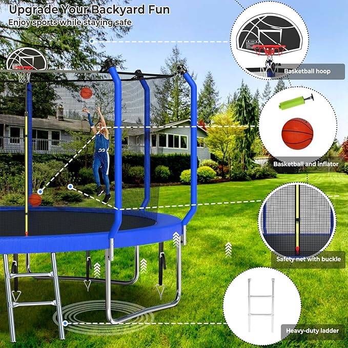 Upgraded Trampoline 8FT/10FT/12FT/14FT With Basketball Hoop, Light, Sprinkler, Stakes - Outdoor Backyard for 4-6 Kids and Adults