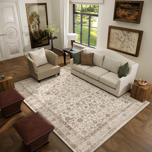 Washable Area Rugs for Living Room: 5x7 Bedroom Rug Boho Vintage Area Rug Stain Resistant Non Slip Low Pile Lightweight Soft Carpets for Dining Room Kitchen Nursery Kids Room Playroom Home Office