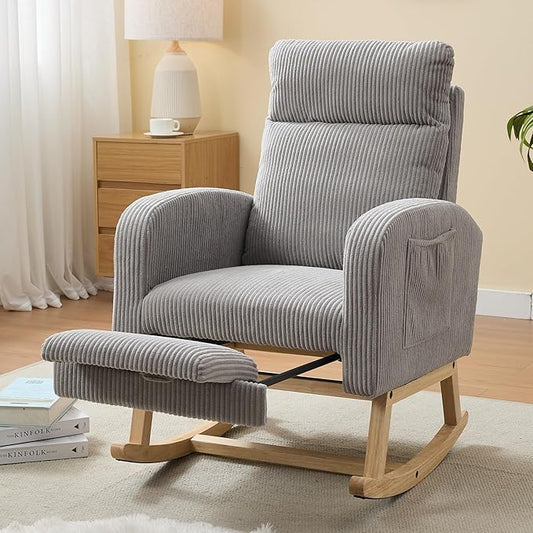 NIOIIKIT Nursery Rocking Chair, Corduroy Upholstered Rocking Chair with Adjustable Footrest, Tufted Rocker Chair with Side Pocket, Glider Rocker for Living Room, Bedroom (Gray Modern)