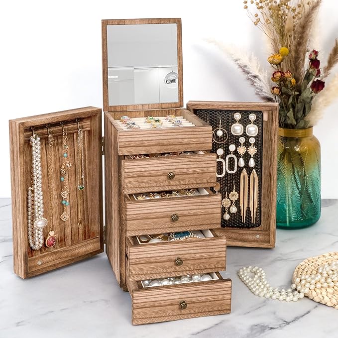 Meangood Jewelry Box Wood for Women, 5-Layer Large Organizer Box with Mirror & 4 Drawers for Rings, Earrings, Necklaces, Vintage Style, Torched Wood