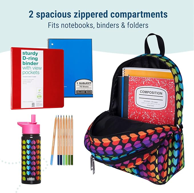 Wildkin 15-inch Kids Backpack – Durable, Padded, Adjustable for School & Travel - Rainbow Hearts