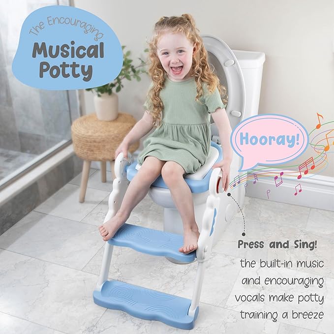 Musical & Sound Toddler Potty Training Seat w/Step Stool Ladder - Collapsible & Adjustable Toilet, Pre Assembled Toddler Toilet Seat w/Music & Sounds - Splash Guard & Anti-Slip Steps - Blue