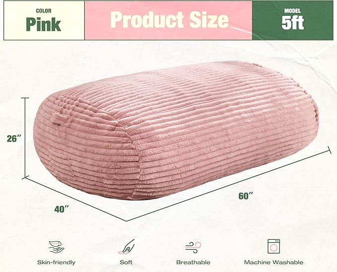 Hobestluk 5FT Bean Bag Chairs Adult Bean Bag with Portable Handle Comfy Large Bean Bag Lounge Chair with Removable Cover for Living Room Bedroom (Stripe Pink, 5FT)