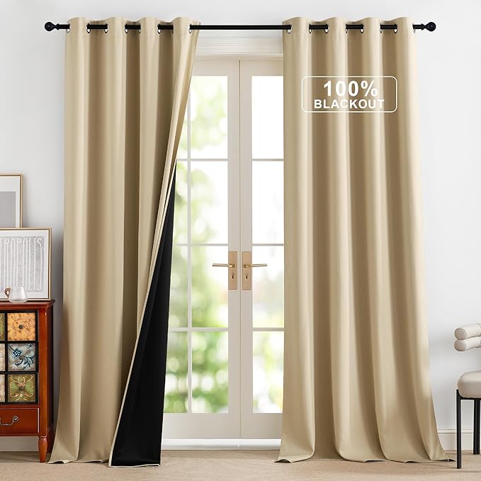NICETOWN Full Blackout Curtains 96 inches Long for Living Room - Grommet Privacy Window Treatment Drapery Thermal Insulated Curtains for Bedroom, 1 Pair, 52W x 96L, Biscotti Beige