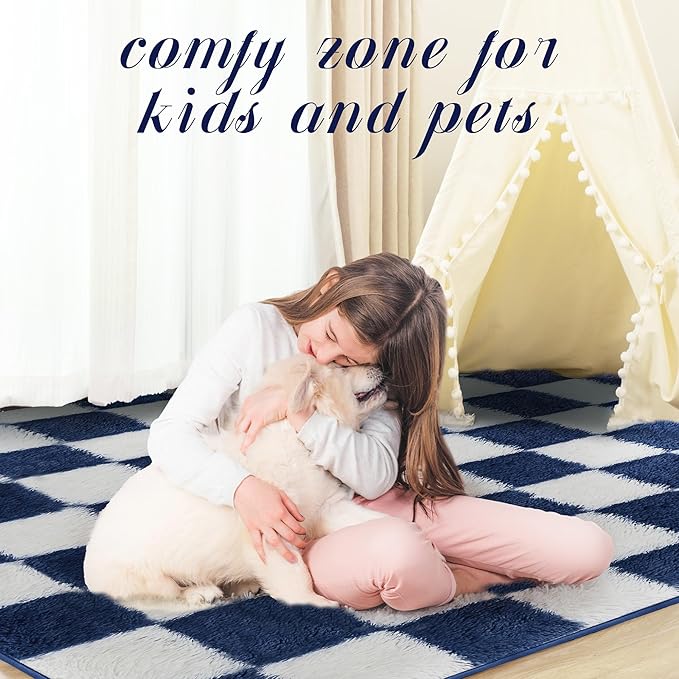 Super Soft Rug for Bedroom, 8x10 ft Blue and White Area Rug Classic Checkered Shaggy Anti-Skid High Pile Soft Fluffy Rug Fuzzy Carpet for Living Room Bedroom Kids Room Nursery, Dorm