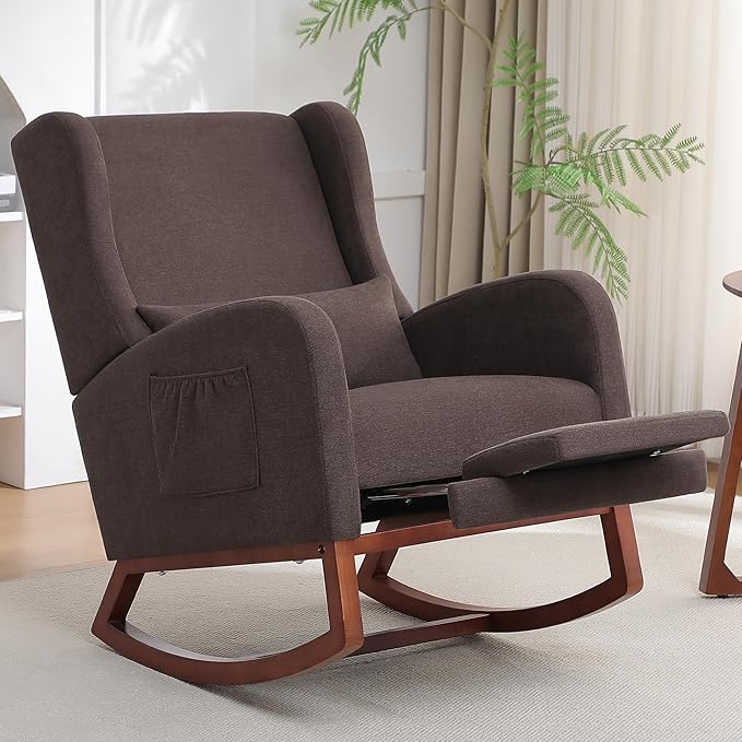 Rocking Chair Nursery with Foot Rest, Wingback Nursery Rocking Chairs, Nursing Glider Rocker Chair with Pillow and High Back for Nursery, Living Room, Bedroom, Coffee