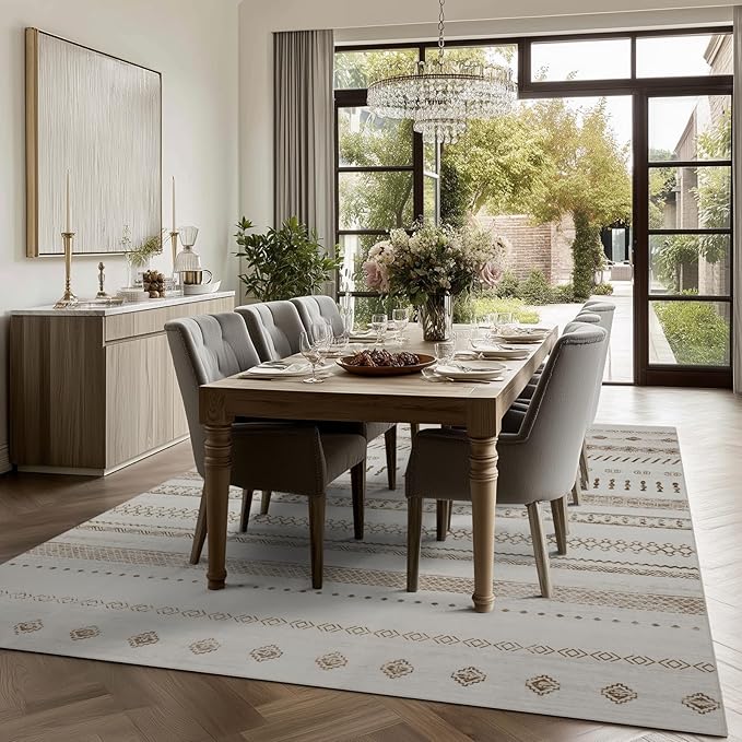 Washable Area Rugs 8x10, Large Rugs for Living Room, Carpet for Bedroom, Boho Soft Faux Wool Retro Dining Room (Beige) Rug, Non-Slip Backing Resistant Low Pile Vintage Print Rug for Home Office