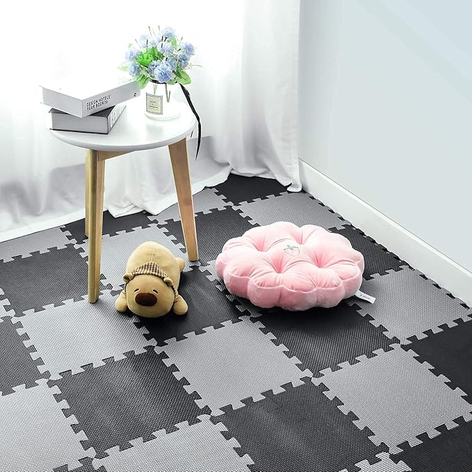 qqpp EVA Rubber 18 Tiles Interlocking Puzzle Foam Floor Mats - Baby Play Mat for Playing | Exercise Mat for Home Workout. Black, Gray. QC-DLb18N