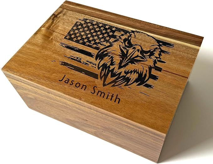 Personalized American Flag Gift Box - Engraved Memory Box, 5 Year Anniversary Wedding Gift for Men, Boyfriend, Acacia Wood Decorative Chest, Keepsake Boxes with Custom Hidden Message, 11x8x4.75 in