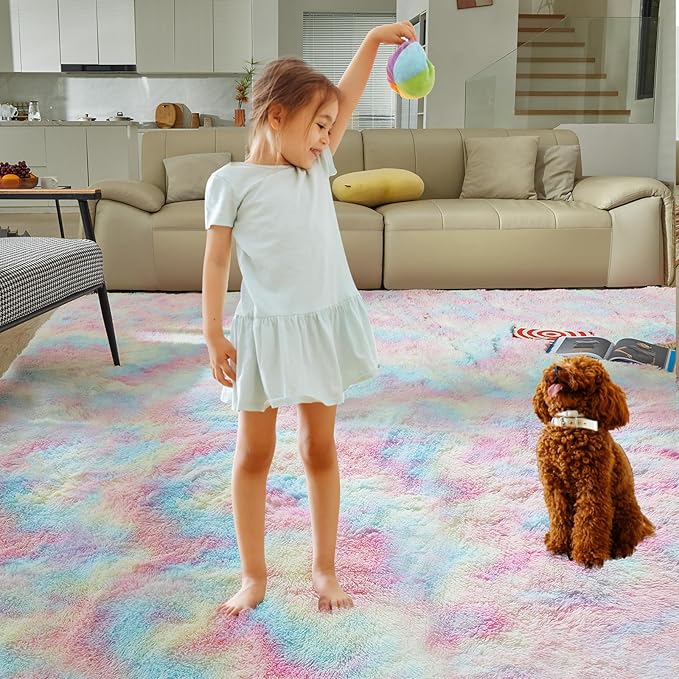 Fluffy Colorful Rug for Living Bedroom, Rainbow Fluffy Soft Plush Area Rugs for Girls Bedroom, Fuzzy Nursery Rug for Baby's Toddler's，Clorful Room Decor for Teenage, Easy-Cleaning, Non Shedding, 3X4