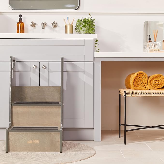 ECR4Kids Reach-Up Step Stool with Handles, Kids Furniture, Grey Wash
