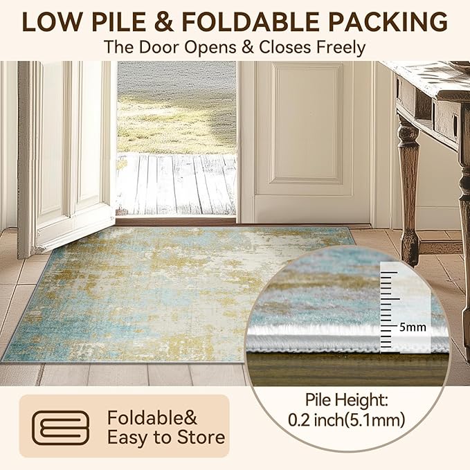 Washable Area Rugs 9'x12' Non-Slip Modern Abstract Soft for Living Room Entryway Bedroom Nursery, Print Pattern, Teal Blue Taupe