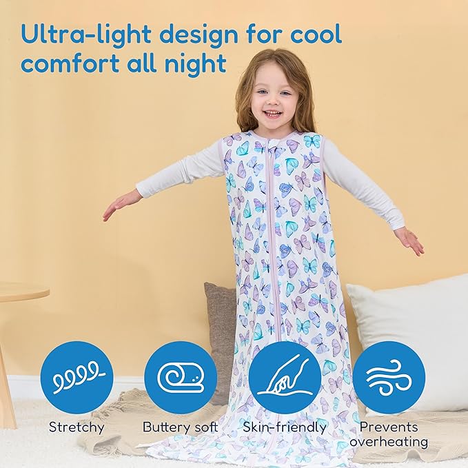 TotAha Toddler Sleep Sack 2T-3T-4T for Girl, 0.5 TOG Summer Light Sleeping Sacks, Soft Wearable Blanket Baby Sleep Bag with 2-way Zipper,Butterfly