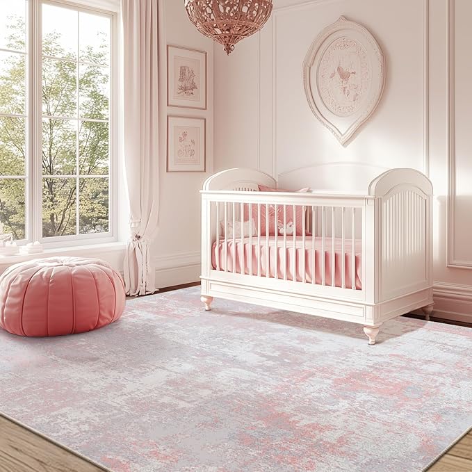 Washable Area Rugs 8'x10' Non-Slip Modern Abstract Soft for Living Room Entryway Bedroom Nursery, Print Pattern, Grey Pink