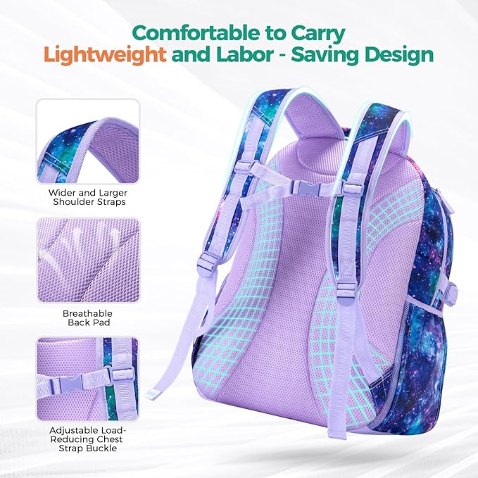 Choco Mocha Galaxy Backpack for Girls, Elementary School Backpack for Girls Ages 6-8 Kids Kindergarten Backpack Bookbag 17 Inch with Chest Strap, Purple