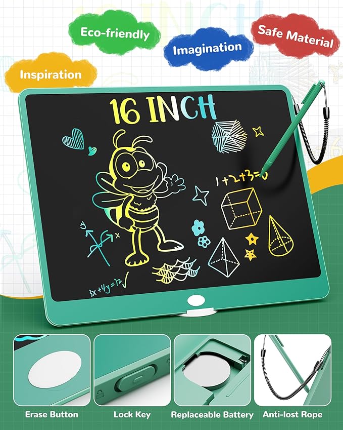 KOKODI LCD Writing Tablet, 16 Inch Colorful Toddler Doodle Board Drawing Tablet, Erasable Reusable Electronic Drawing Pads, Educational and Learning Toy for 3-6 Years Old Boy and Girls(Green)