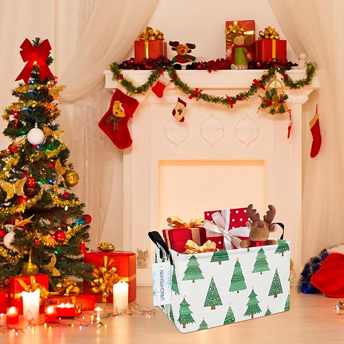 LANGYASHAN Rectangular Storage Bin Collapse Canvas Fabric Cartoon Storage Basket with Handles for Organizing Home Kitchen Boys and Girls Toys Office Closet Shelf Baskets (Rec christmas tree)