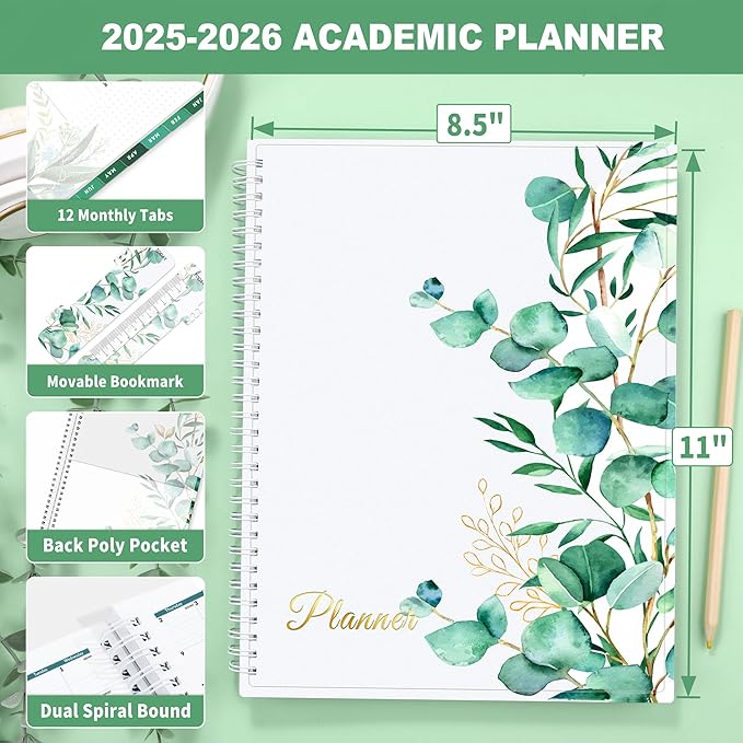 SUNEE Academic Planner 2025-2026 Weekly and Monthly, July 2025-June 2026, 8.5"x11", Tabs, Note Pages, Pockets, Bookmark, Flexible Cover, Spiral Binding, Leaves