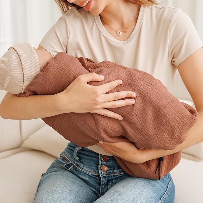 Konssy Muslin Nursing Cover for Breastfeeding, 360° Full Privacy Breathable 100% Cotton Breastfeeding Cover, Multi-use Carseat Canopy(Chestnut)