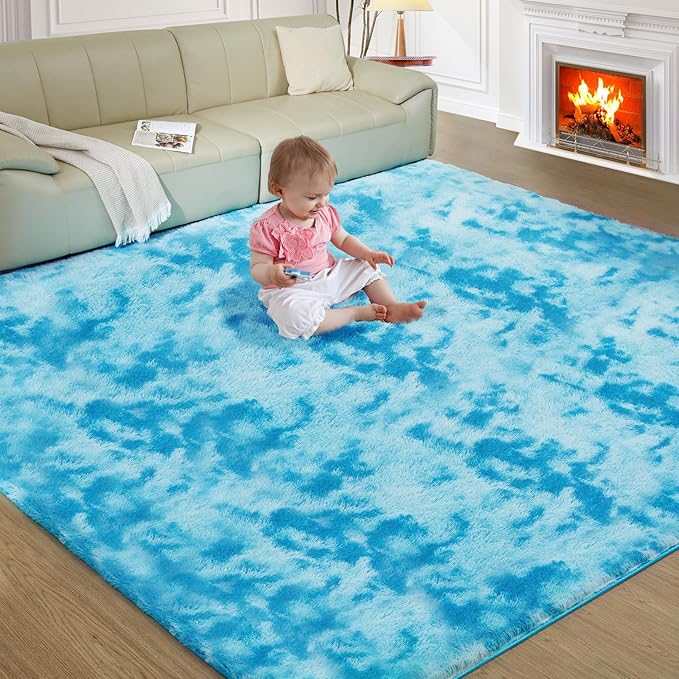 Ultra Soft Rug for Living Room, 3X5 Fluffy Shag Area Rug for Bedroom, Modern Shaggy Carpets Fuzzy Rug for Teens Dorm Nursery Home Decor Aesthetic, Upgrade Anti-Skid Durable, Tie-Dyed Blue
