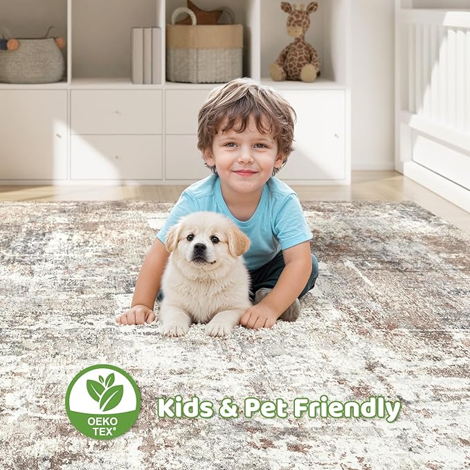 7x9 Area Rug Living Room: Machine Washable Large Abstract Modern Soft Rugs Stain Resistant Indoor Floor Non Slip Accent Carpet for Bedroom Nursery Playroom Office Dining Room Dorm Home House- Brown