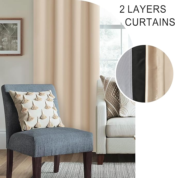 XWZO 100% Blackout Curtain Panels Rod Pocket Thermal Insulated Black Liner Curtains, Noise Reducing and Heat Blocking Drapes for Window Curtains with Tiebacks, Biscotti Beige, W42 x L54, Set of 2