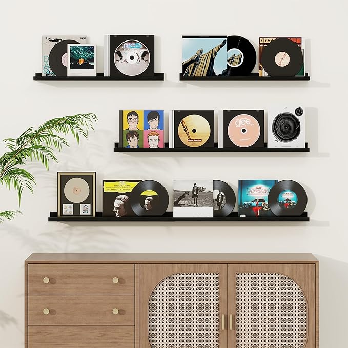 Picture Ledge Shelf, Solid Pine Wood Floating Shelves Set of 2, 48 Inches Nursery Book Shelves for Toys Storage, Kids Bookshelf Wall Mounted for Living Room Bedroom Decor Books Photo Frames, Black