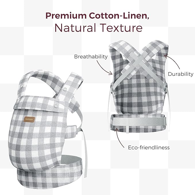 Momcozy Baby Carrier with Natural Cotton Linen, Built to Last, Ergonomic Design, Lightweight and Comfortable, Hands-Free for Moms&Dads, Slate Checkerboard