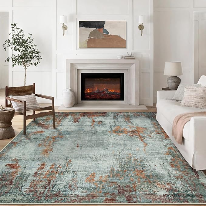 9x12 Area Rugs for Living Room Rug Washable: Modern Large Rug for Dining Room Bedroom Carpet Non Slip 9 by 12 Indoor Abstract Nursery Home Office Red Brown