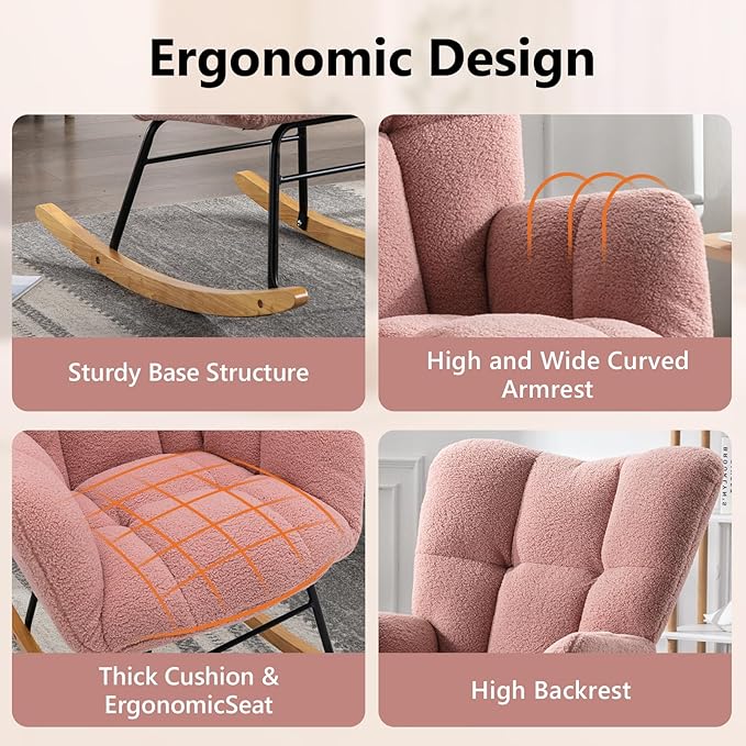 NIOIIKIT Nursery Rocking Chair Teddy Upholstered Glider Rocker Rocking Accent Chair Padded Seat with High Backrest Armchair Comfy Side Chair for Living Room Bedroom Offices (Pink Teddy)