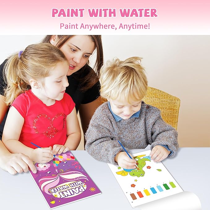 Paint with Water Books for Kids,Dinosaur Watercolor Paint Book Set for Kids,Toddlers Water Color Coloring Painting Drawing Set,Mess Free Toys Gifts for Boys Age 3 4 5 6 7 8