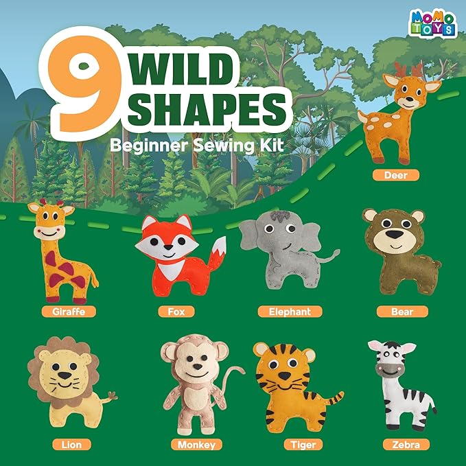 MOMOTOYS Wild Animals Beginner Sewing Kit for Kids Ages 7+ – Includes 9 Kids Sewing Projects with Tools & Art Supplies – DIY Felt Crafts for Girls & Boys – Gifts for 7, 8, 9, 10, 11, 12 Year Old