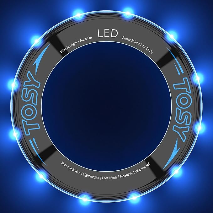 TOSY Flying Ring - 16 Million Color RGB or 12 LEDs, Super Bright, Lost Mode, Auto Light Up, Camping Essentials for Kids/Teens/Boy/Girl, Safe & Soft, Waterproof, Pool/Beach Games, Lightweight Toy