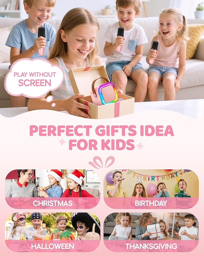 IROO Mini Karaoke Machine for Kids, 2025 TOP Toys Birthday Gifts Ideas for Girls Ages 4, 5, 6, 7, 8, 9, 10, 12+ Years Old, Portable MP3 Player with 3 Wireless Mics for Party