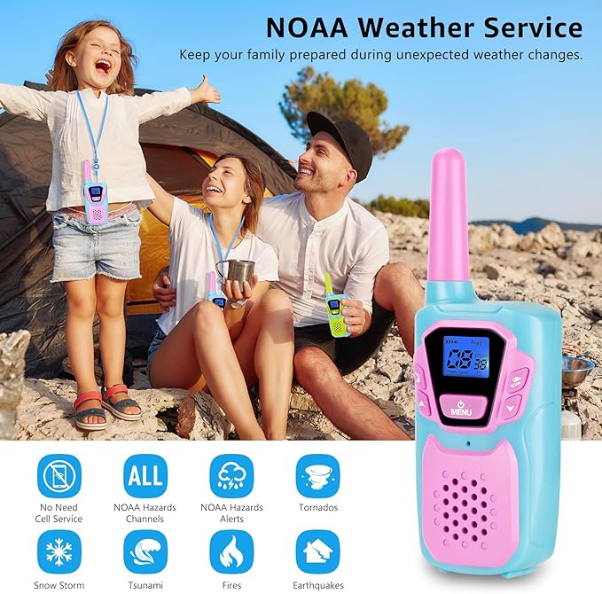 Walkie Talkies for Kids Long Range Walkie-Talkie for Adults Rechargeable 4 Pack with Lanyard 4 Miles NOAA USB, Family Pink 2 Way Radio Toys for 3-12 Year Old Boys Girls Toddlers Camping Skiing