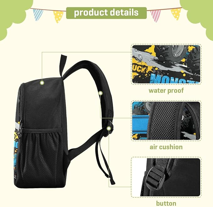 Monster Truck Toddler Backpack Waterproof Mini Backpack with Name/Text Preschool Backpack Cute Small Kindergarten Pre School Bags 13 Inch, Medium, Pattern 4