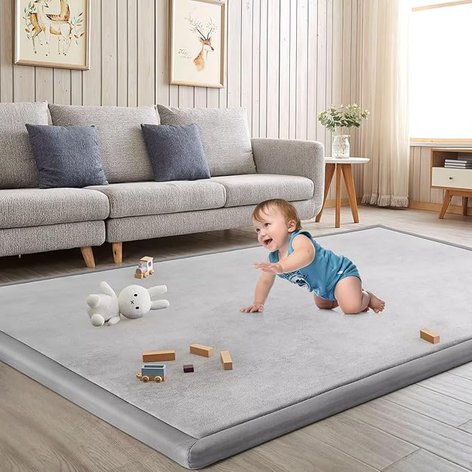 Baby Play Mat for Floor Tummy Time Nursery Muscle Area Rug Playroom Rug Tatami Mat 9'2"x6'7" Memory Foam 1.3" Thick Crawling for Babies,Toddlers, Infants, Kids(Light Gray)
